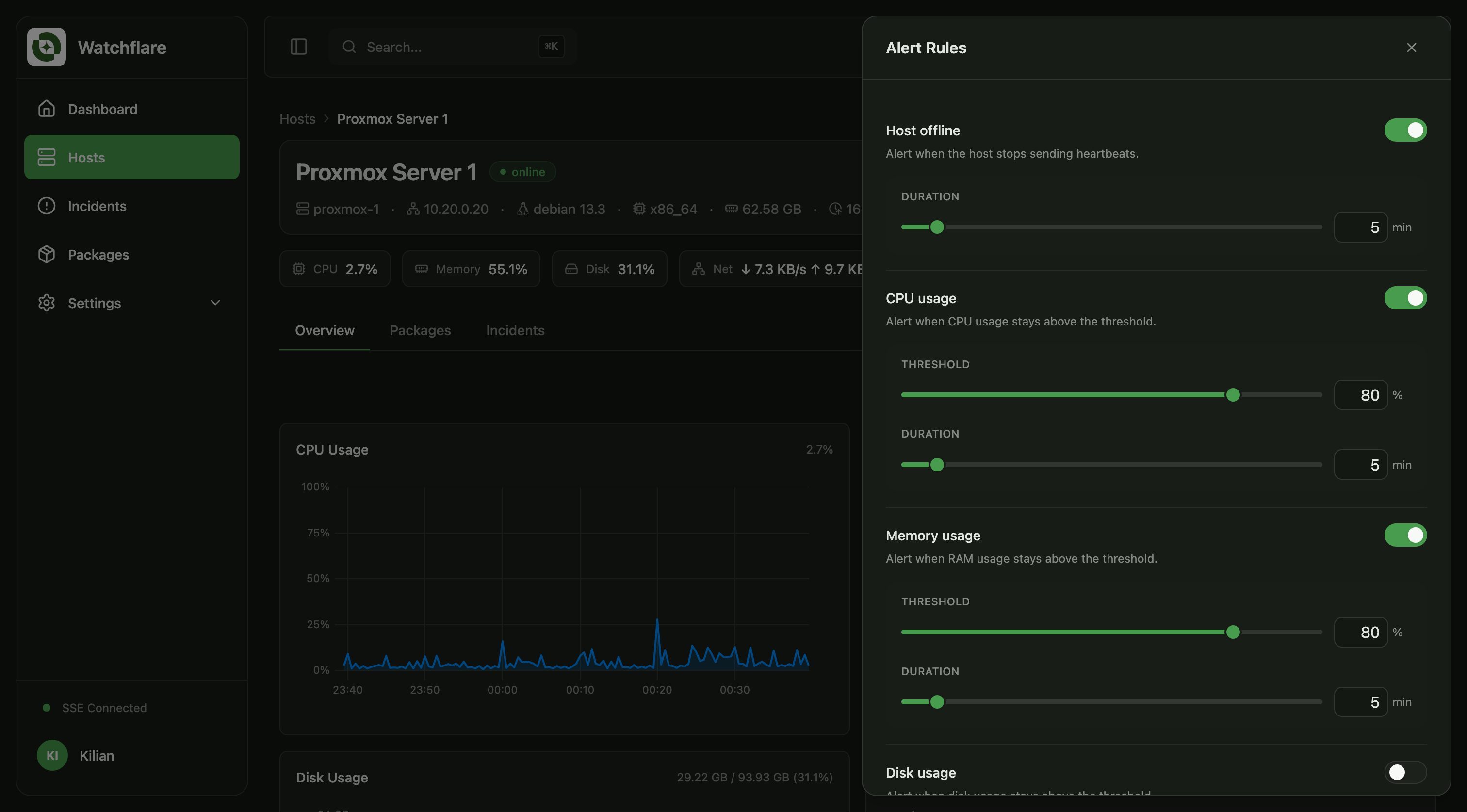 Watchflare alert rules panel with per-host thresholds for host offline, CPU, memory and disk