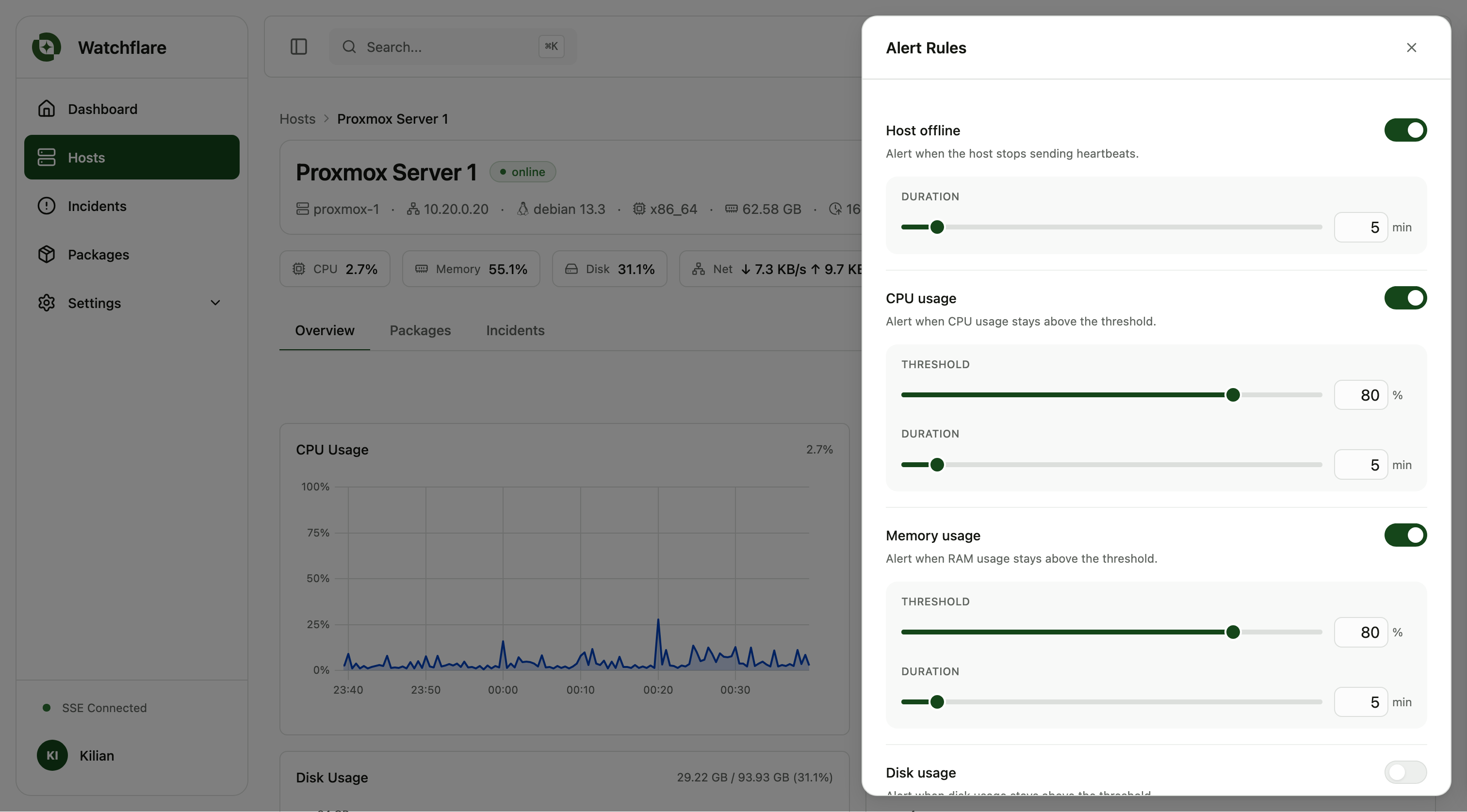 Watchflare alert rules panel with per-host thresholds for host offline, CPU, memory and disk