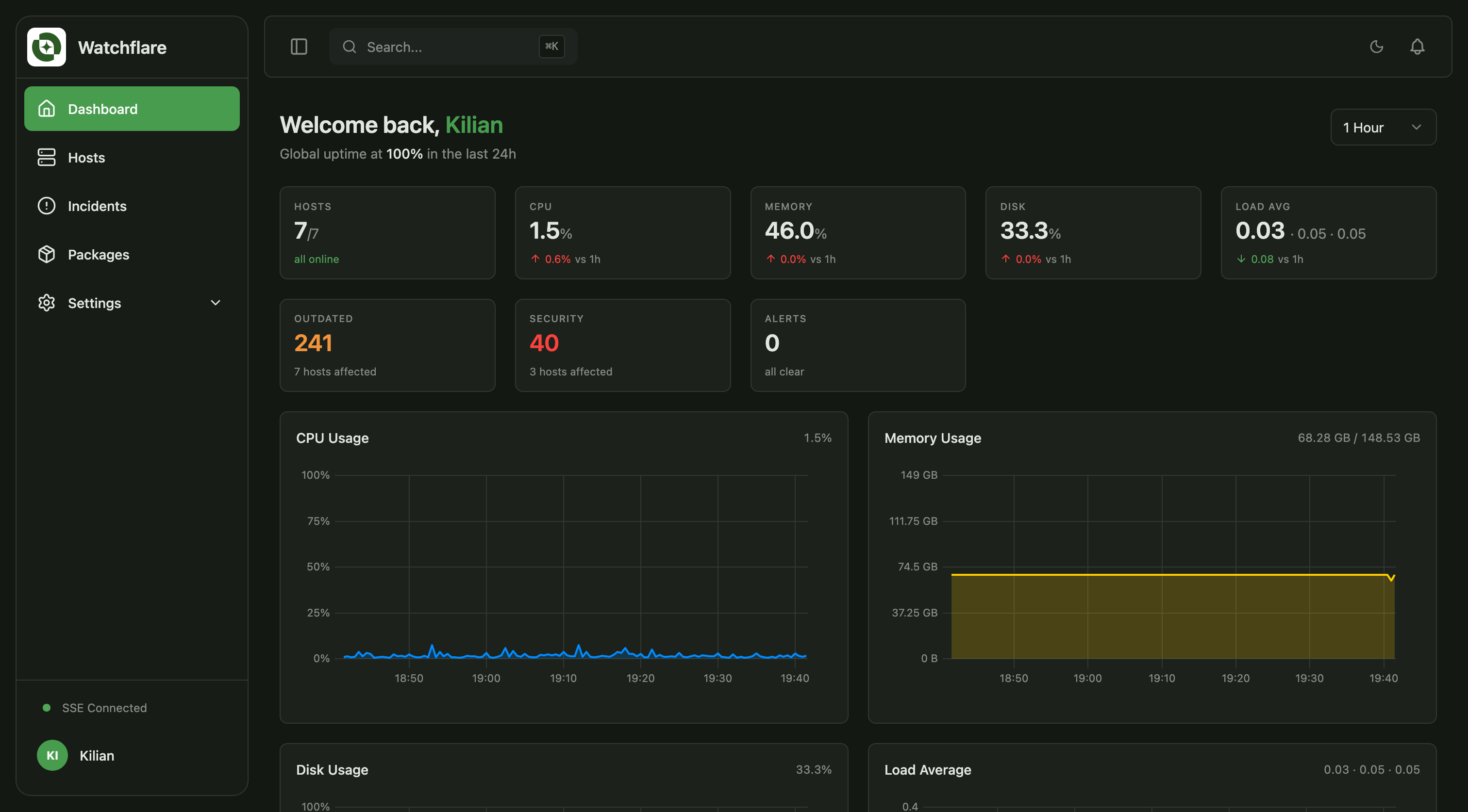 Watchflare dashboard with real-time host metrics, package inventory and alerts