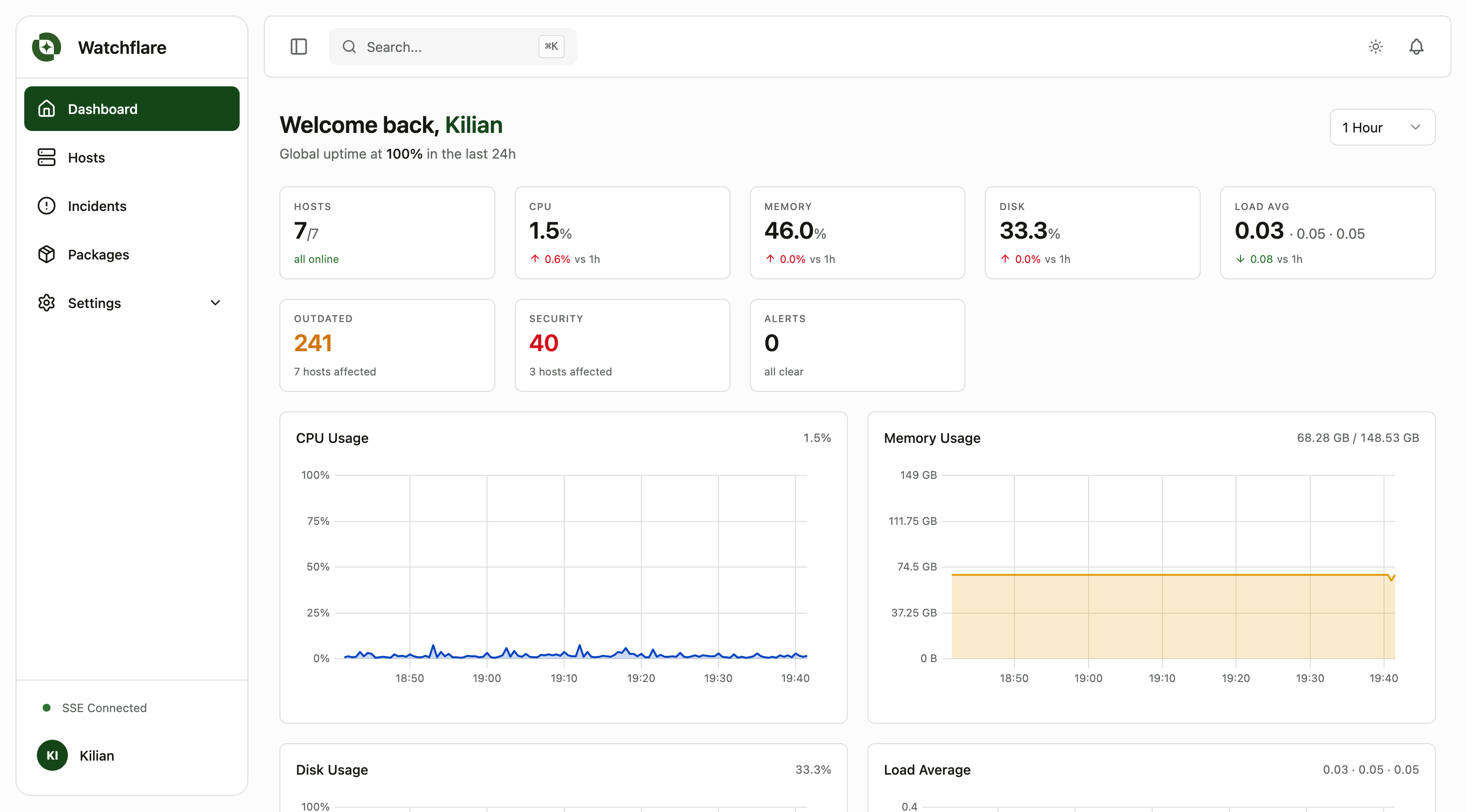Watchflare dashboard with real-time host metrics, package inventory and alerts