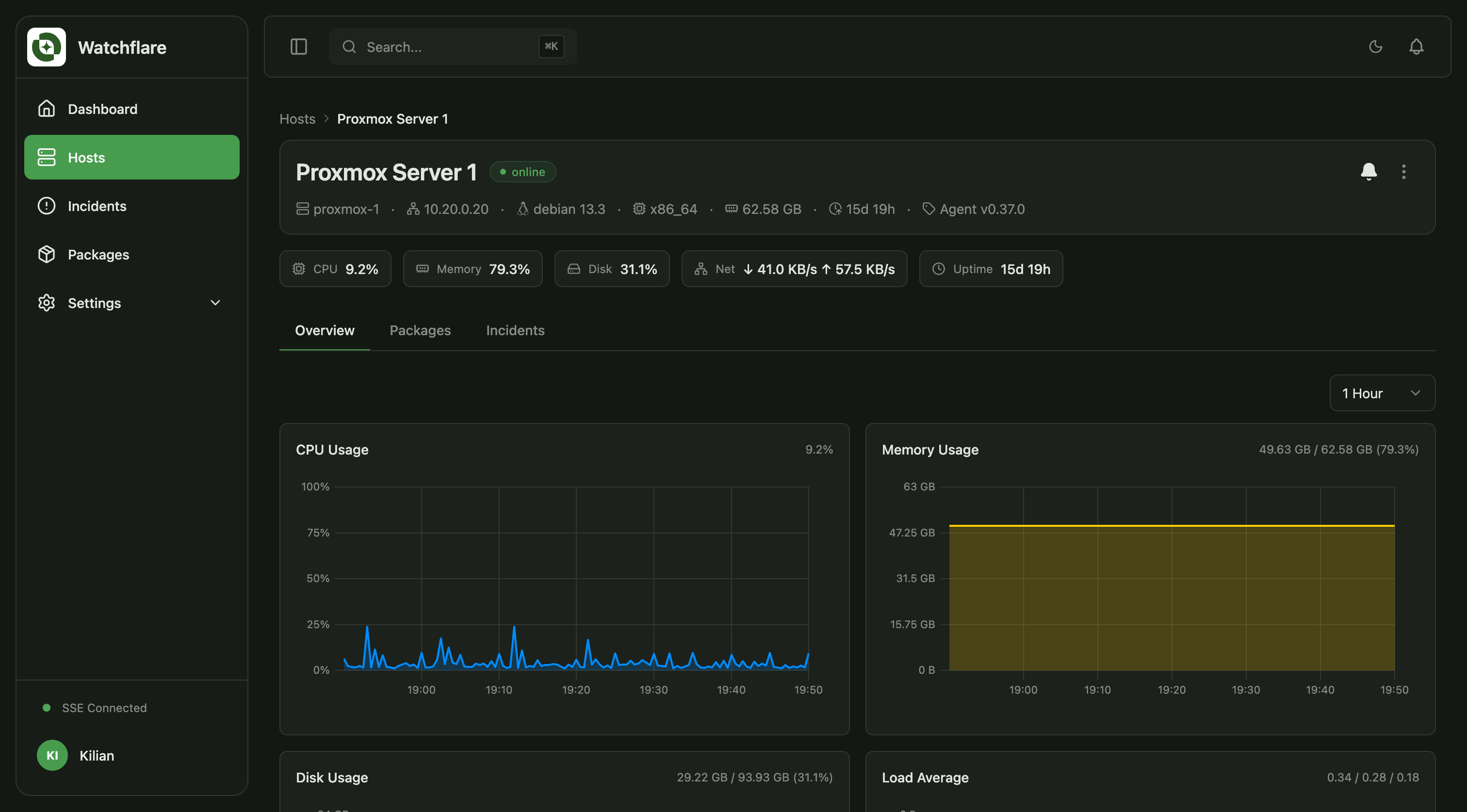 Watchflare host detail page with real-time CPU and memory graphs