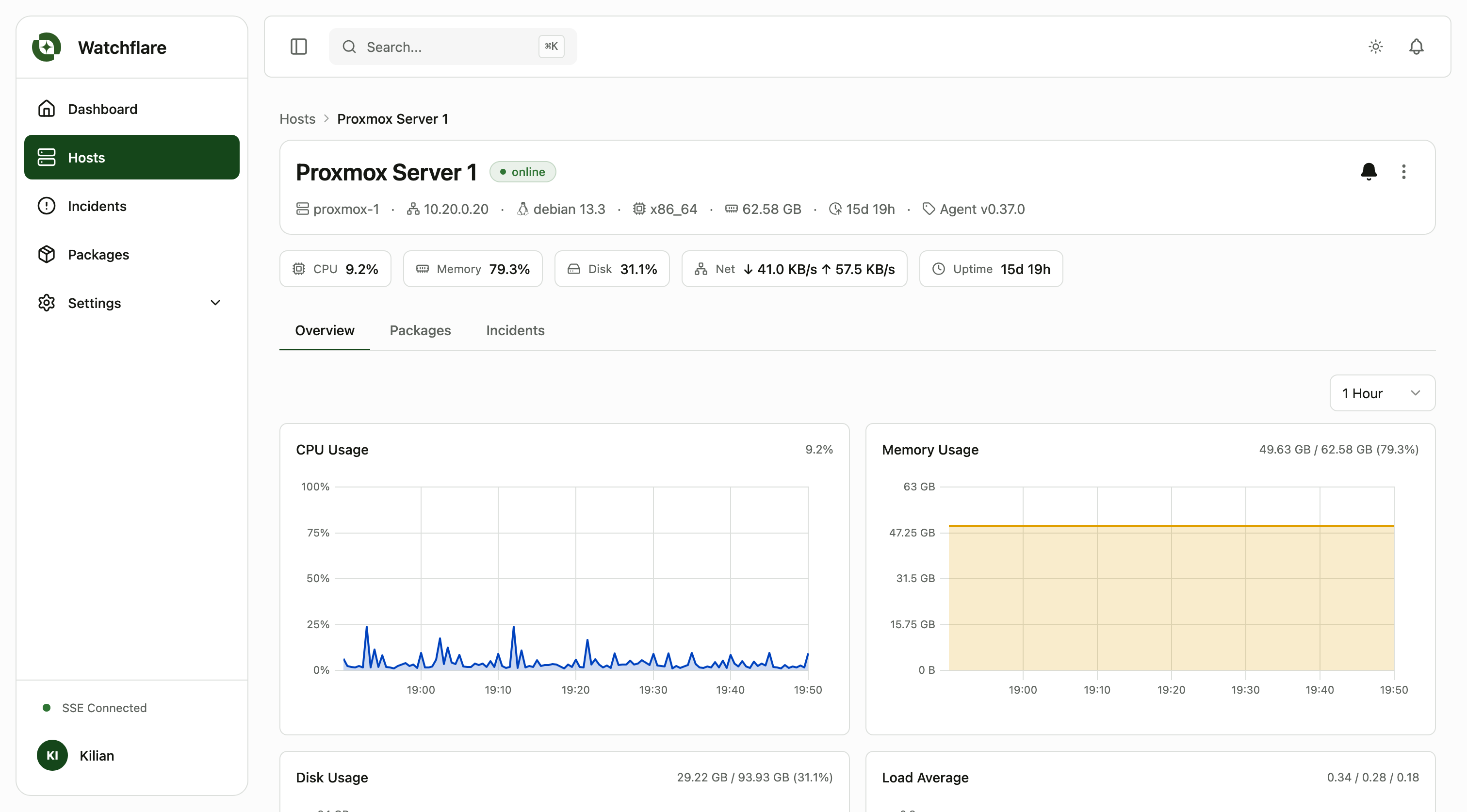 Watchflare host detail page with real-time CPU and memory graphs