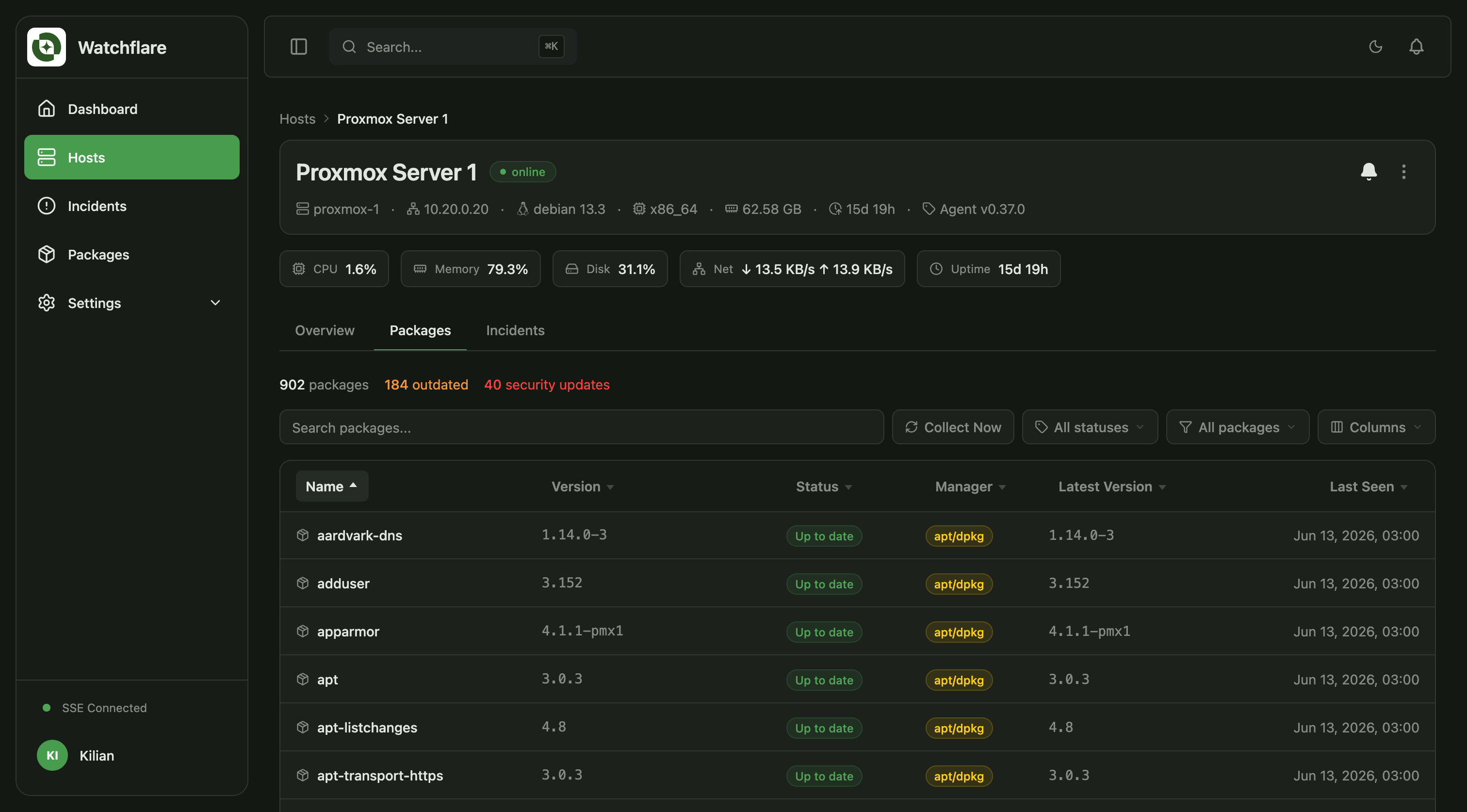 Watchflare package inventory view with package versions, status and outdated/security counts
