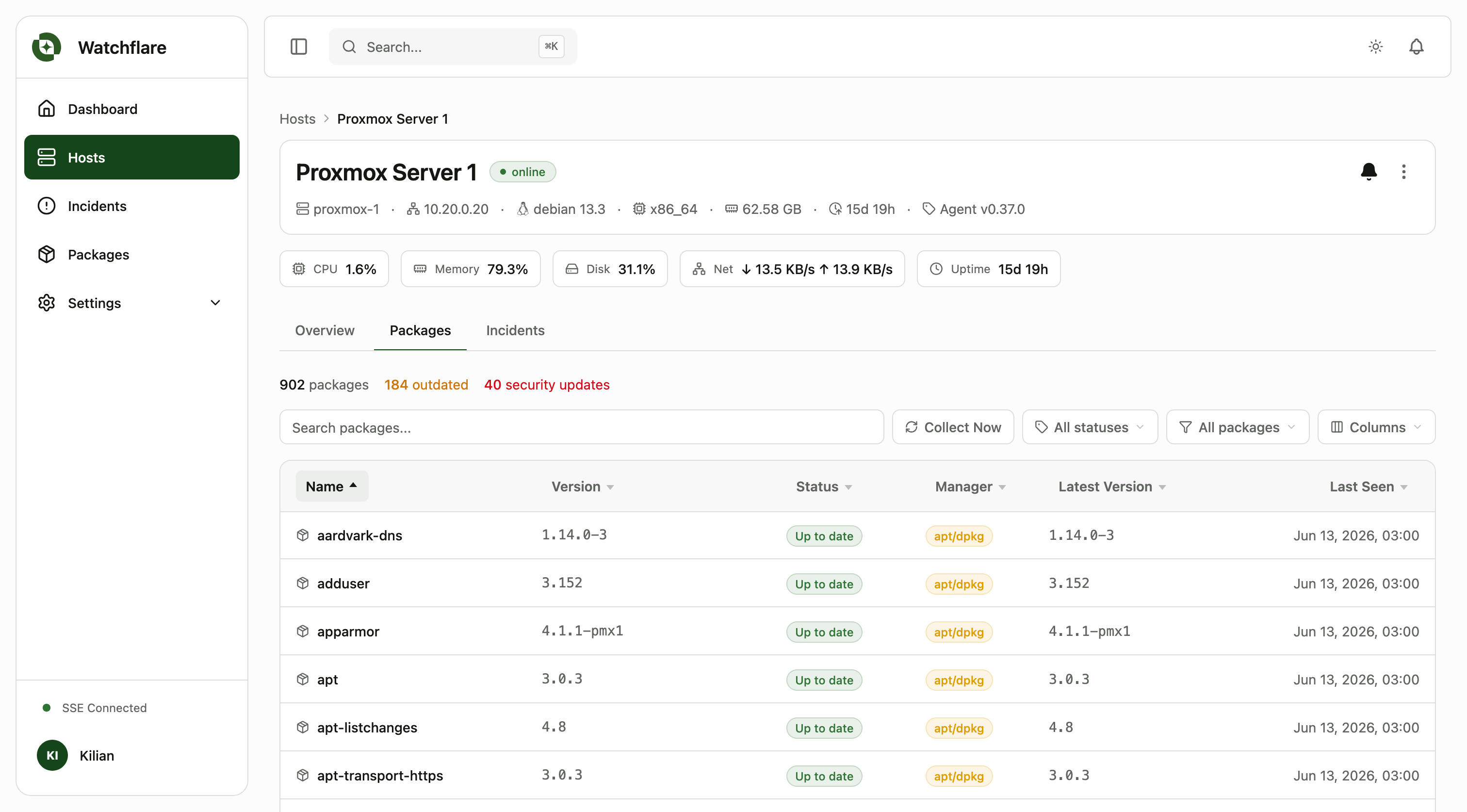 Watchflare package inventory view with package versions, status and outdated/security counts